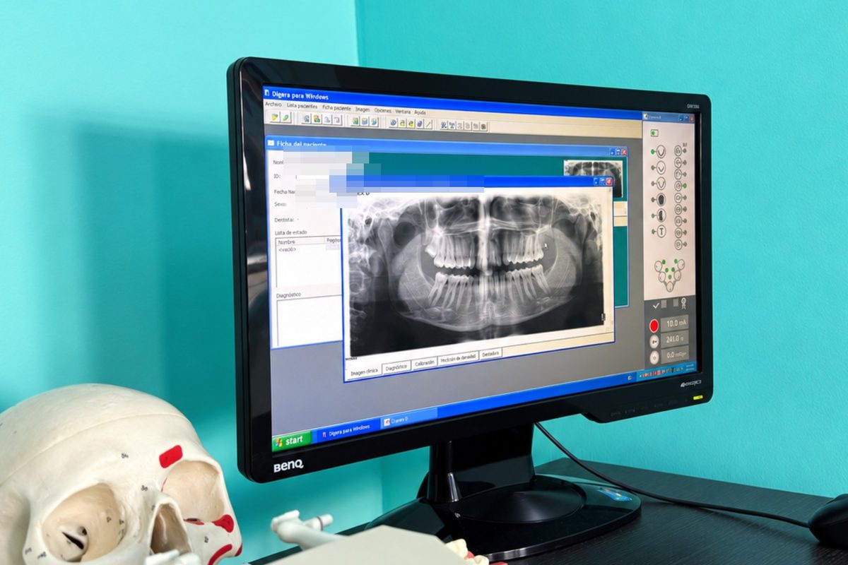 Ortopantomografía digital en pantalla junto a un modelo anatómico, en Clínica Dental 32